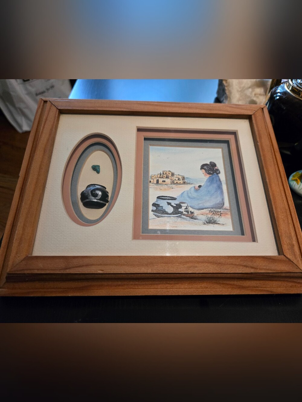 Original Laverne Elliot Framed Art Print with Black & Blue Pot Accent